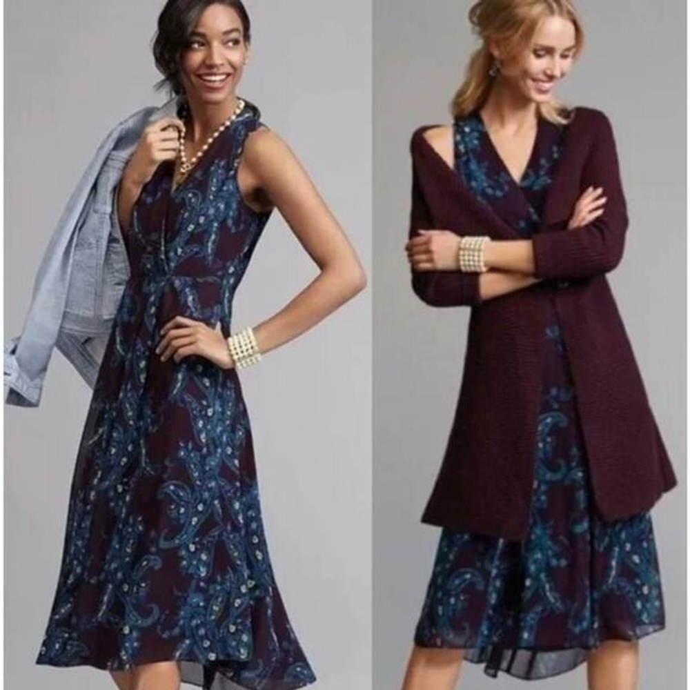 Cabi Purple Blue Paisley Midi Wrap Dress Size 6 - Picture 2 of 10